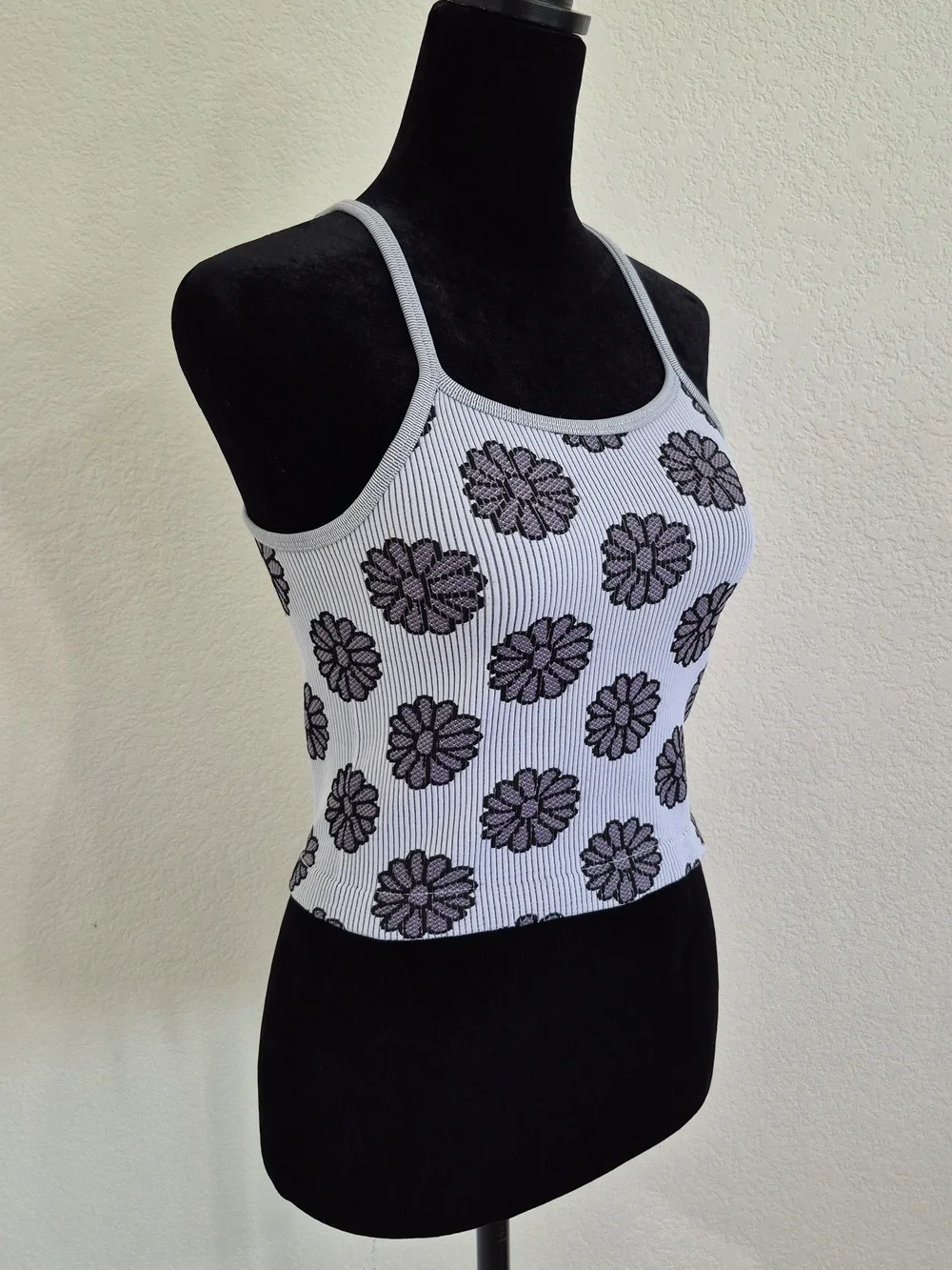 Striped Daisy Ribbed Tank Top in White and Black - Picture 2 of 8